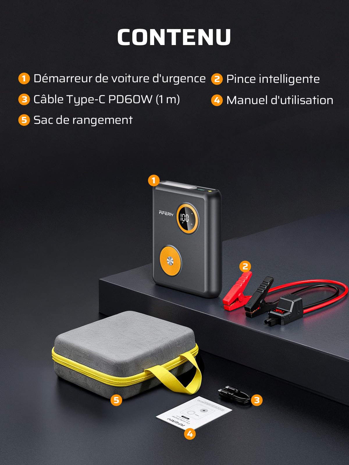 AFERIY Booster Batterie Voiture 2000A, Démarreur de Batterie Sodium-ION Ultra-Sécurité -40℃~80℃, Powerbank 27500mAh PD60W Charge Rapide, 12V pour Essence 6.0L / Diesel 3.0L