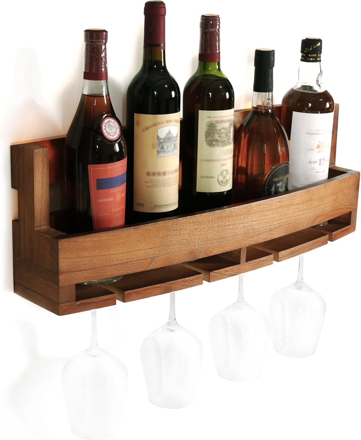 Wine Rack Wall Mounted, Rustic Wood Wine Shelf with Bottle Stemware Glass Holder, Hanging Wine Display Storage Rack for Home bar Kitchen Decor