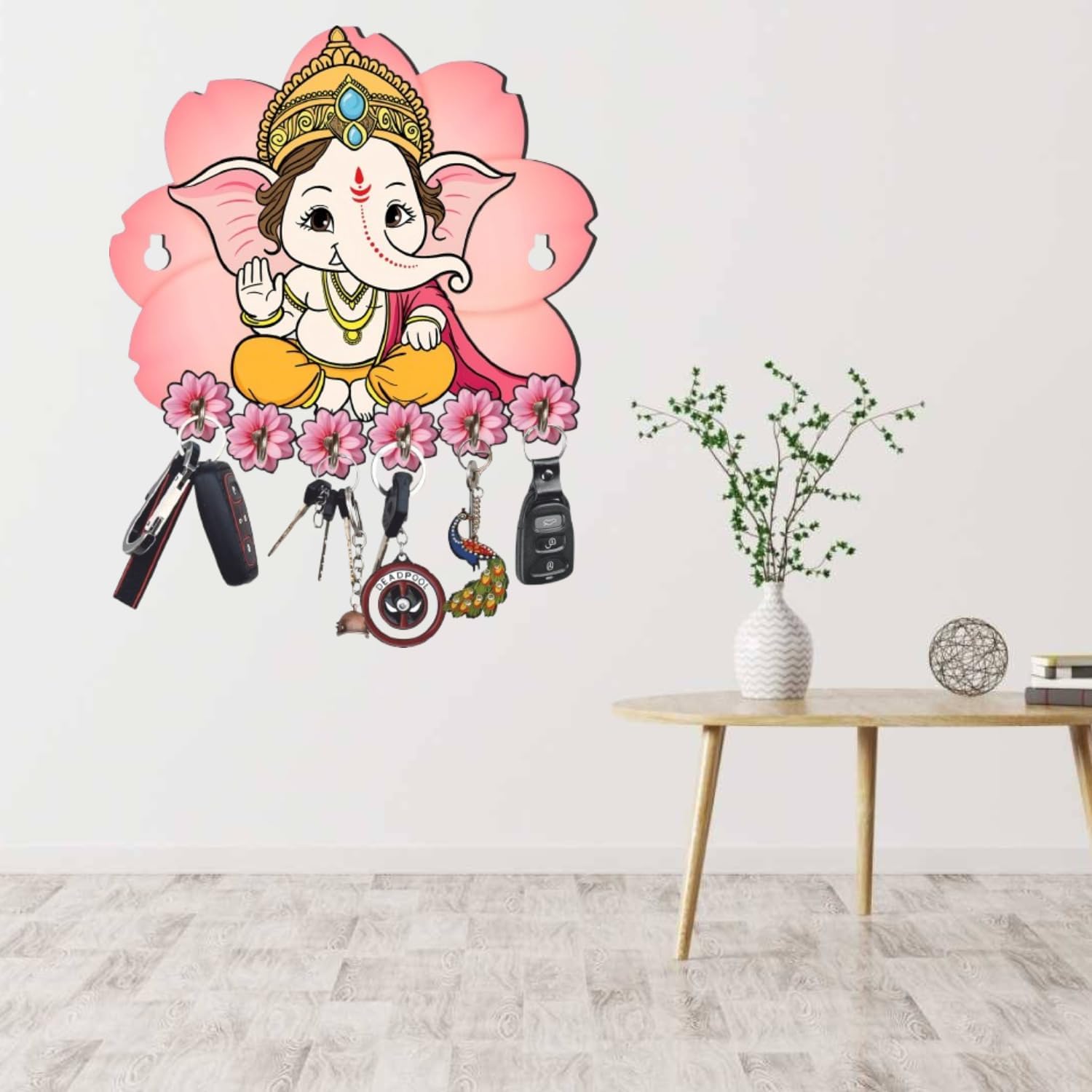 Webelkart Premium Printed Wooden Cute Ganesha Key Holder for Home/Office Decor, Key Hanger for Wall Decor. (10" Inches)