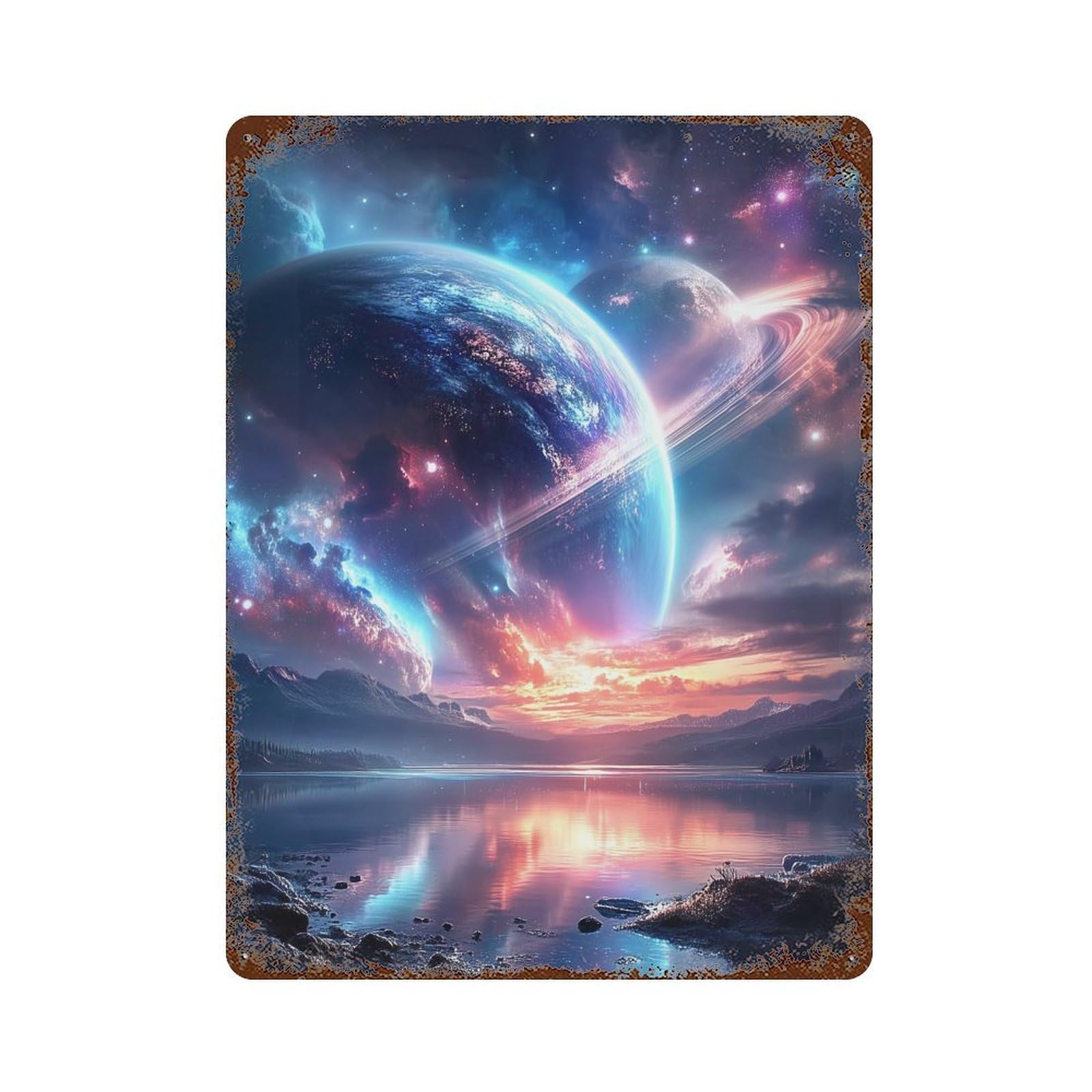 Rust Effect Galactic Reflections Celestial Landscape -3 Rustic Tin Plaque 15.7"x11.8", Classic Wall Plaque for Shed, Workshop And Garage Wall Decor