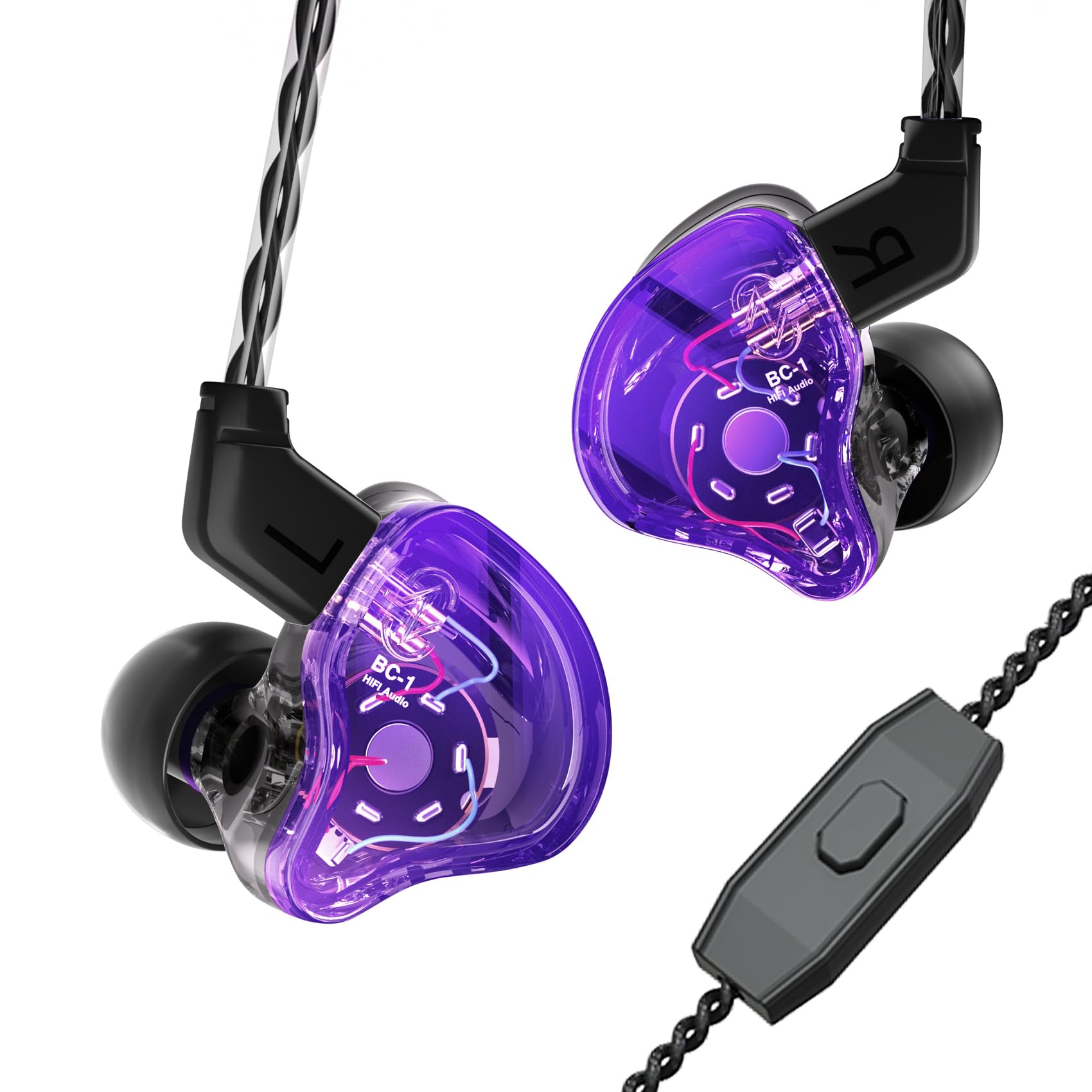 CCZ Melody Gaming iem Earphones, in ear Monitors with Clear Sound, hifi 1DD 1BA Drivers Wired Earbuds, 3.5mm Plug in Headphones with Comfortable Ear fins for PC Laptop Computer (Purple, microphone)