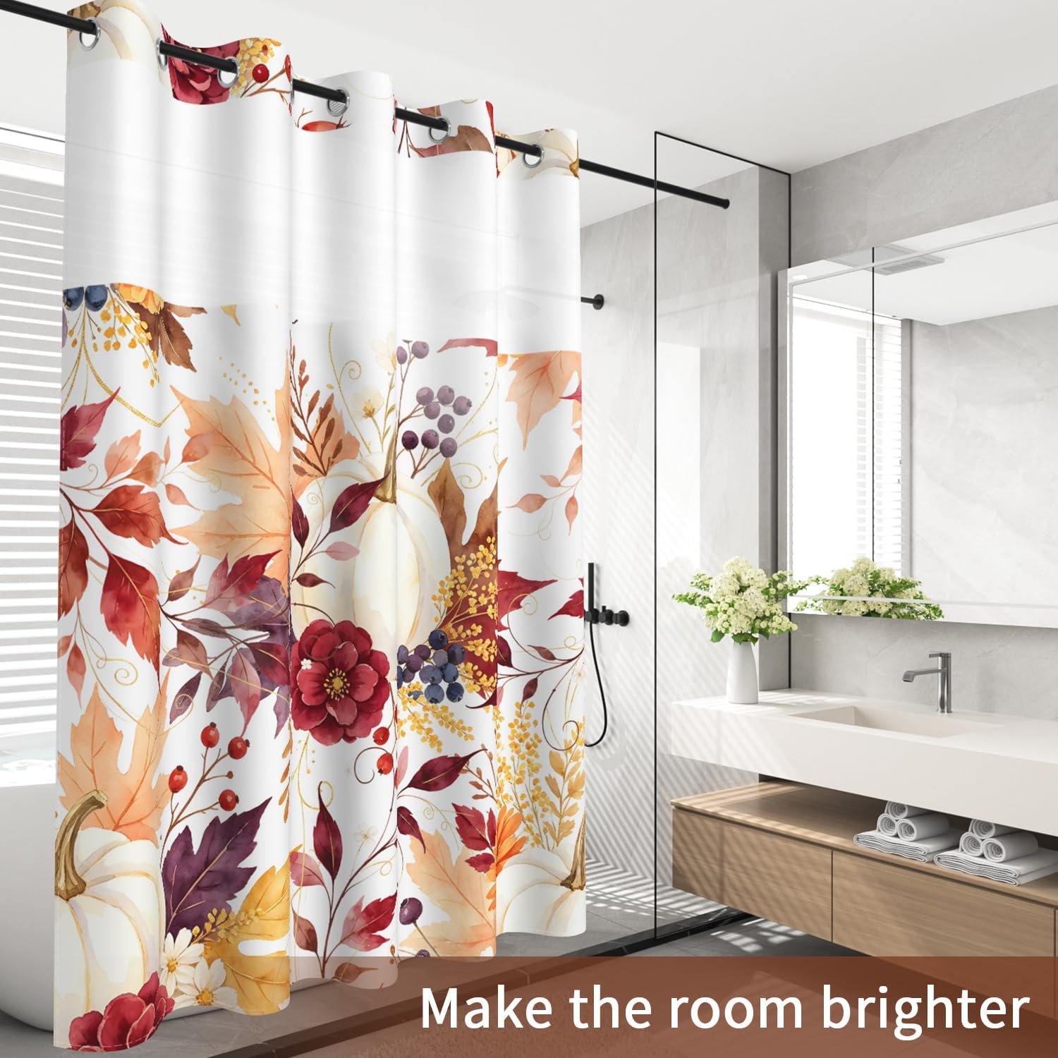 Fall Pumpkin No Hook Shower Curtain with Snap in Liner, Autumn Harvest Bouquet Print, 71x74