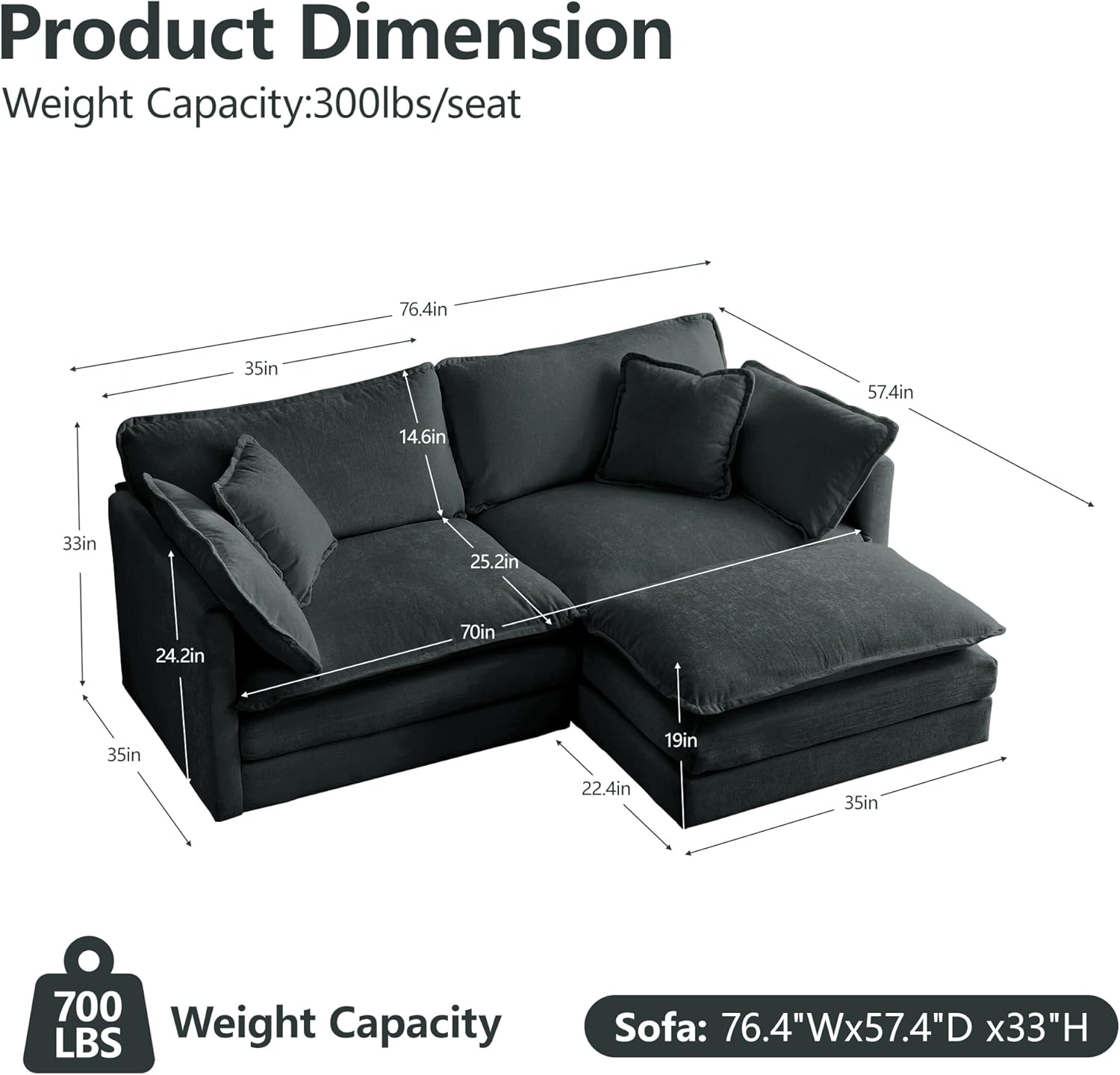 76.7" Modular Sectional Couch, Chenille Cloud Couch Sofa with Pillow and Movable Ottoman, L Shaped Deep Seat Couches for Living Room, Bedroom, Office, Apartment 1