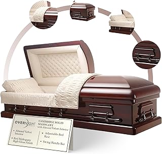 Overnight Caskets Cambridge Mahogany Wood Funeral Casket Cherry with Almond Interior - Fully Appointed Adult Caskets for Humans | Featuring Handcrafted Mahogany Solid Wood with Pillow & Throw Set