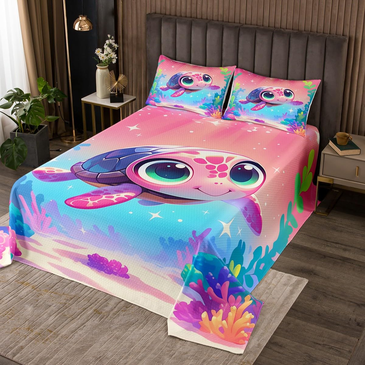jejeloiu Ocean Themed Bedspread King Size Kawaii Sea Turtle Quilted Coverlet for Boys Girls Teens Cute Coverlet Set Bluish Pink