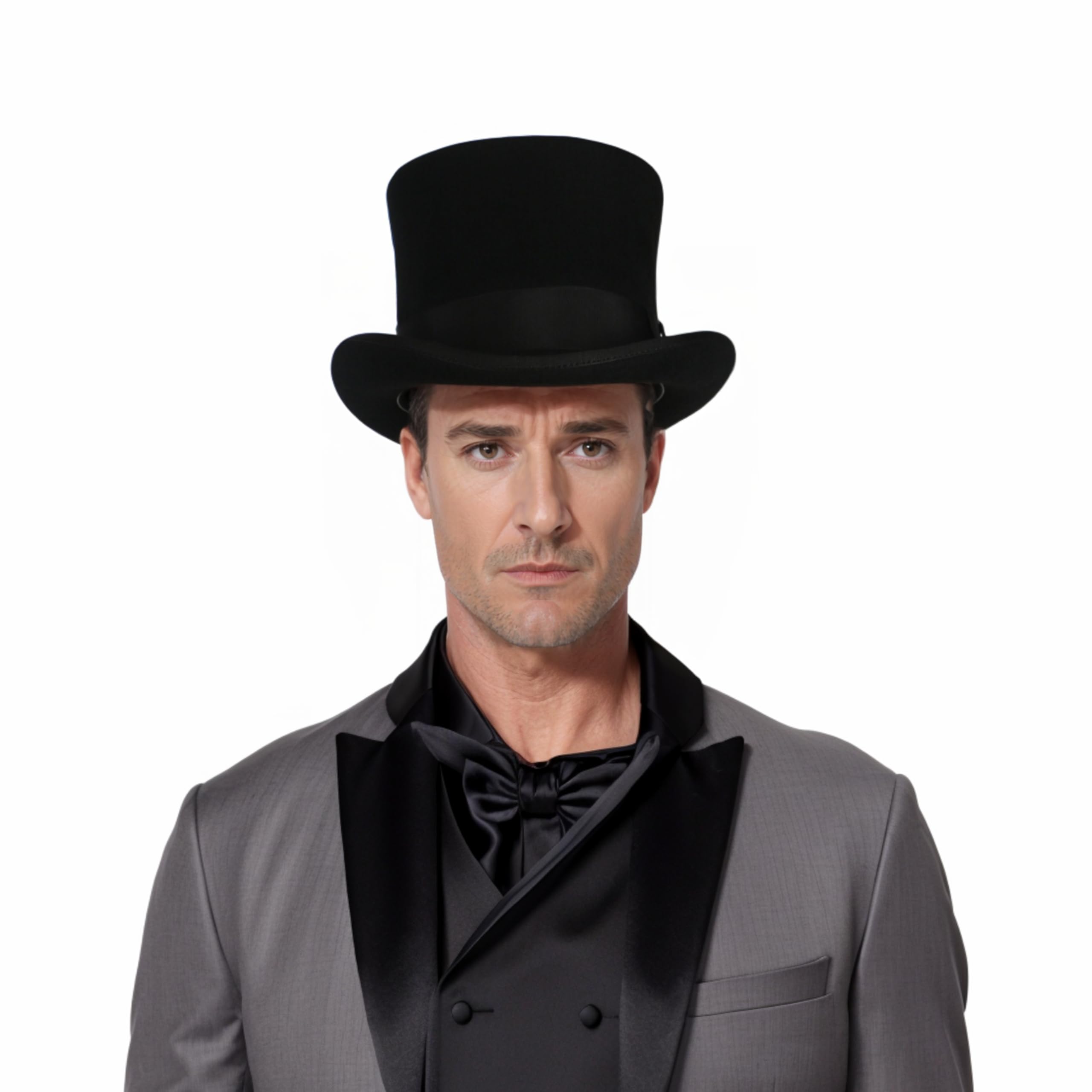 Wool Top Hats for Men and Women - Classic high crown Removeable Feather & Satin lining - Western Style Top Hat for Adventures (US, Alpha, Small, Standard, Mystery Black)