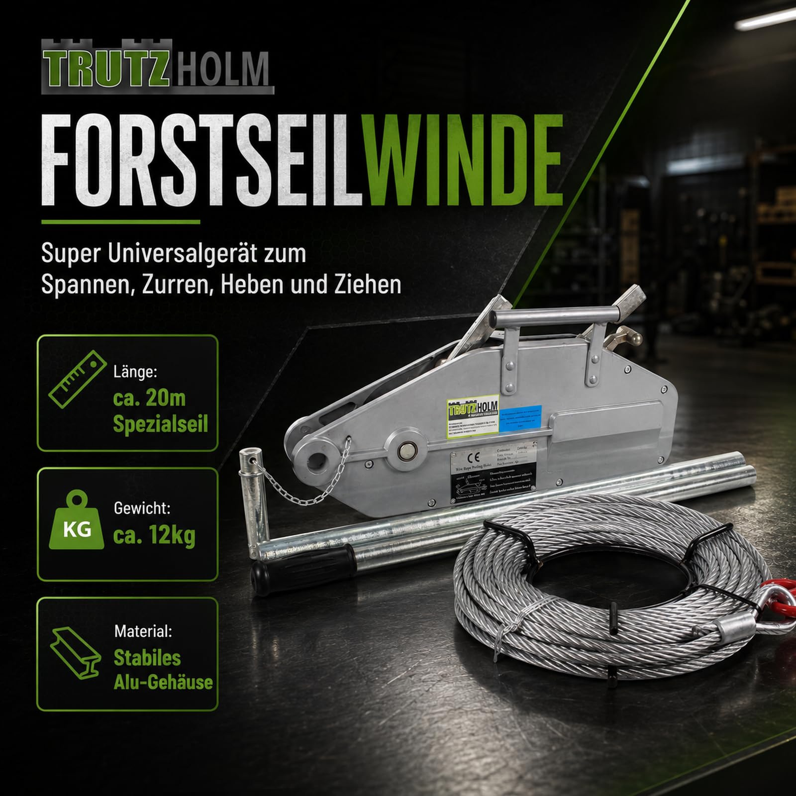TRUTZHOLM Seilzug Greifzug Seilwinde 1600 kg Forstseilwinde Offroad Winde inkl. 20m Seil und Abscherstiften Sicherheits - Lastenhaken (1600kg)