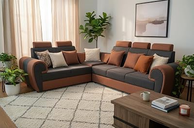 Solid Wood L Shaped Sofa for Living Room Modern Corner Sectional 6 Seater Comfortable Couch with Durable Frame & Premium Upholstery 6 Seater for Home, Apartment & Lounge (Blue & Brown)