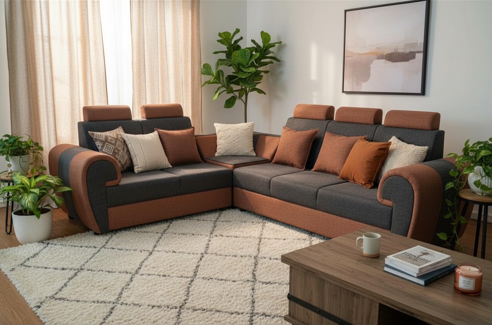 APRODZ Modern L-Shaped Corner Sofa Set, 6 Seater, Two-Tone Grey and Brown with Cushions-image-18