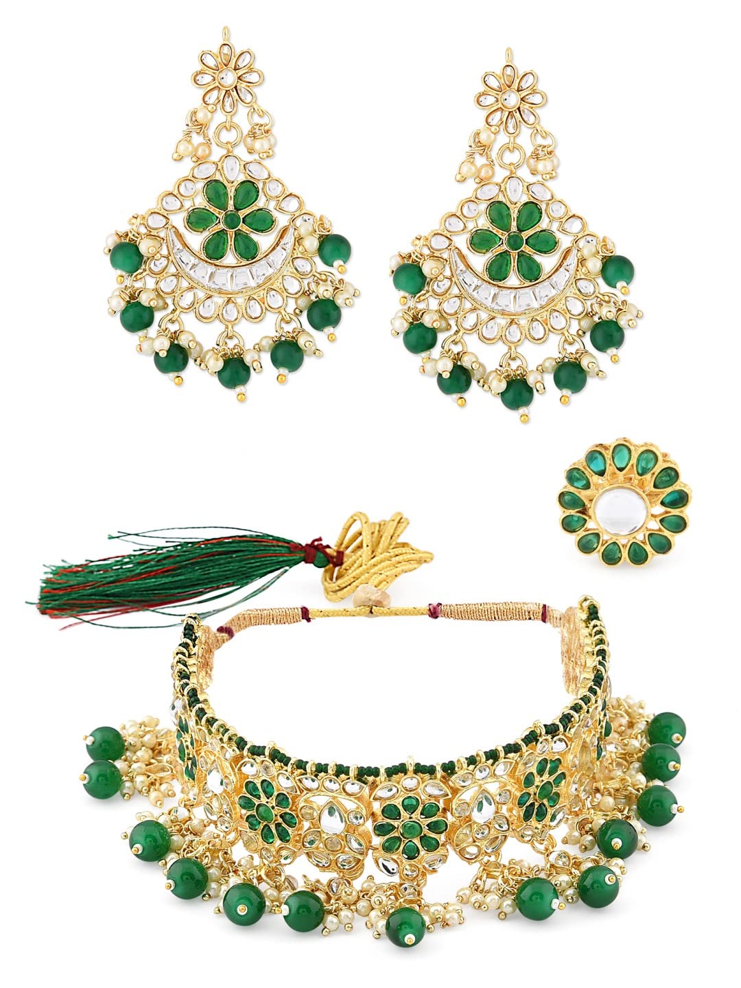 ZAVERI PEARLS Green Kundan & Beads Choker Necklace Earring & Ring Set For Women-ZPFK11658 (B09Q16CVXK) Amazon Price History, Amazon Price Tracker