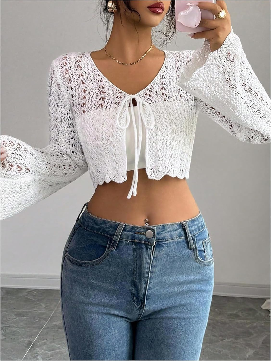 OYOANGLE Women's Tie Front Tops Bell Long Sleeve Hollow Out Tie Neck Elegant Cropped Knit Crochet Cardigan - Image 4