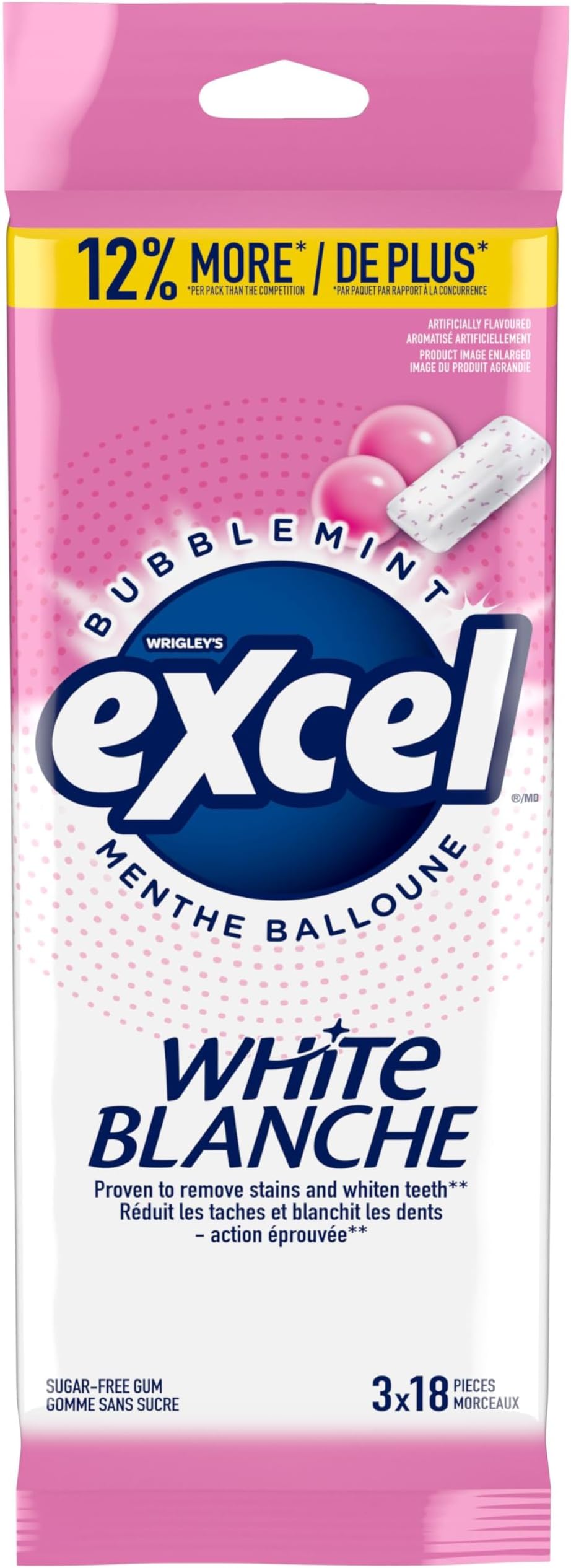 Excel White Bubblemint, Teeth Whitening, Sugar Free Chewing Gum, Multipack, 3 Packs, 18 Pellets Per Pack, Multi