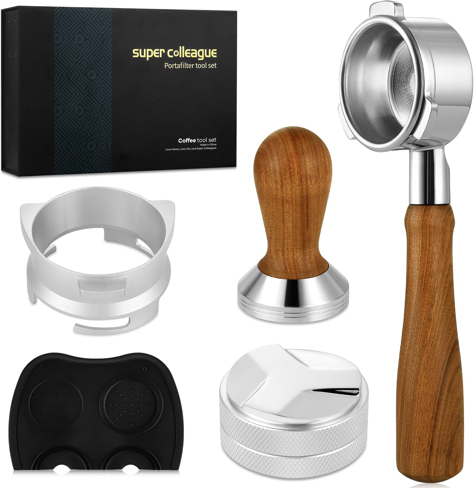 Gift Box 54mm Bottomless Portafilter Two Cup Basket Filter Distributor Leveler Hands-Free Dosing Ring Funnel Tamper Tamping Mat for Breville 8 Series Wood Handle Stainless Steel Set of 7