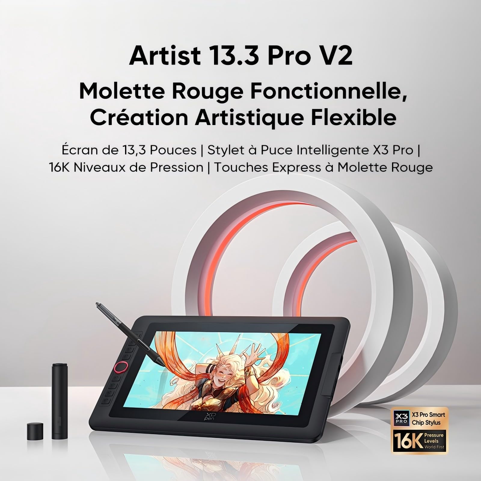 XPPen Artist 13.3 Pro V2 Tablette Graphique Dessin avec Écran Laminé,16K(16384) Niveaux de Pression, Tablette Graphique Portable de 13,3 Pouces, 8 Raccourcis, Compatible avec Windows et macOS
