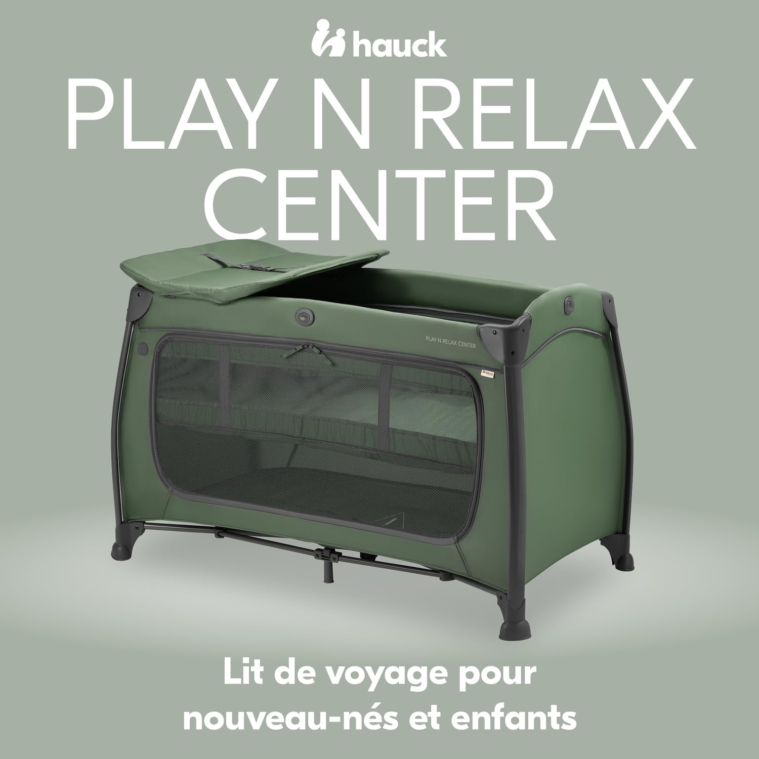 hauck Lit Parapluie avec Table à Langer Play N Relax Center, Dark Green | Inclus niveau pour nouveau-né, ouverture XL, roues et sac de transport, de la naissance à 15 kg / 3 ans (sans matelas)