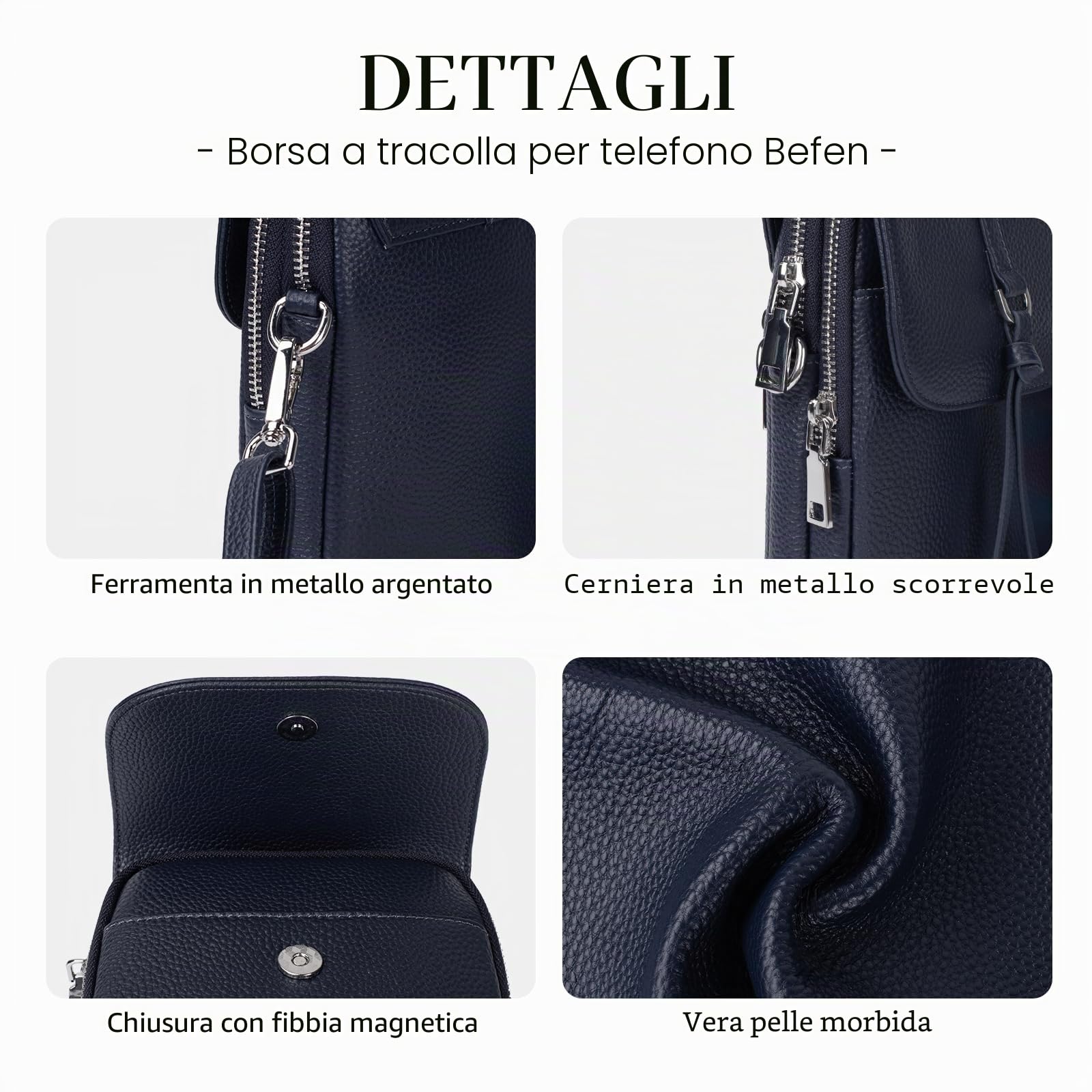 befen Piccola Borsa a Tracolla in Vera Pelle da Donna, Multi Tasca per Telefono Cellulare, Borsa a Tracolla con Blocco RFID Slot per Carte