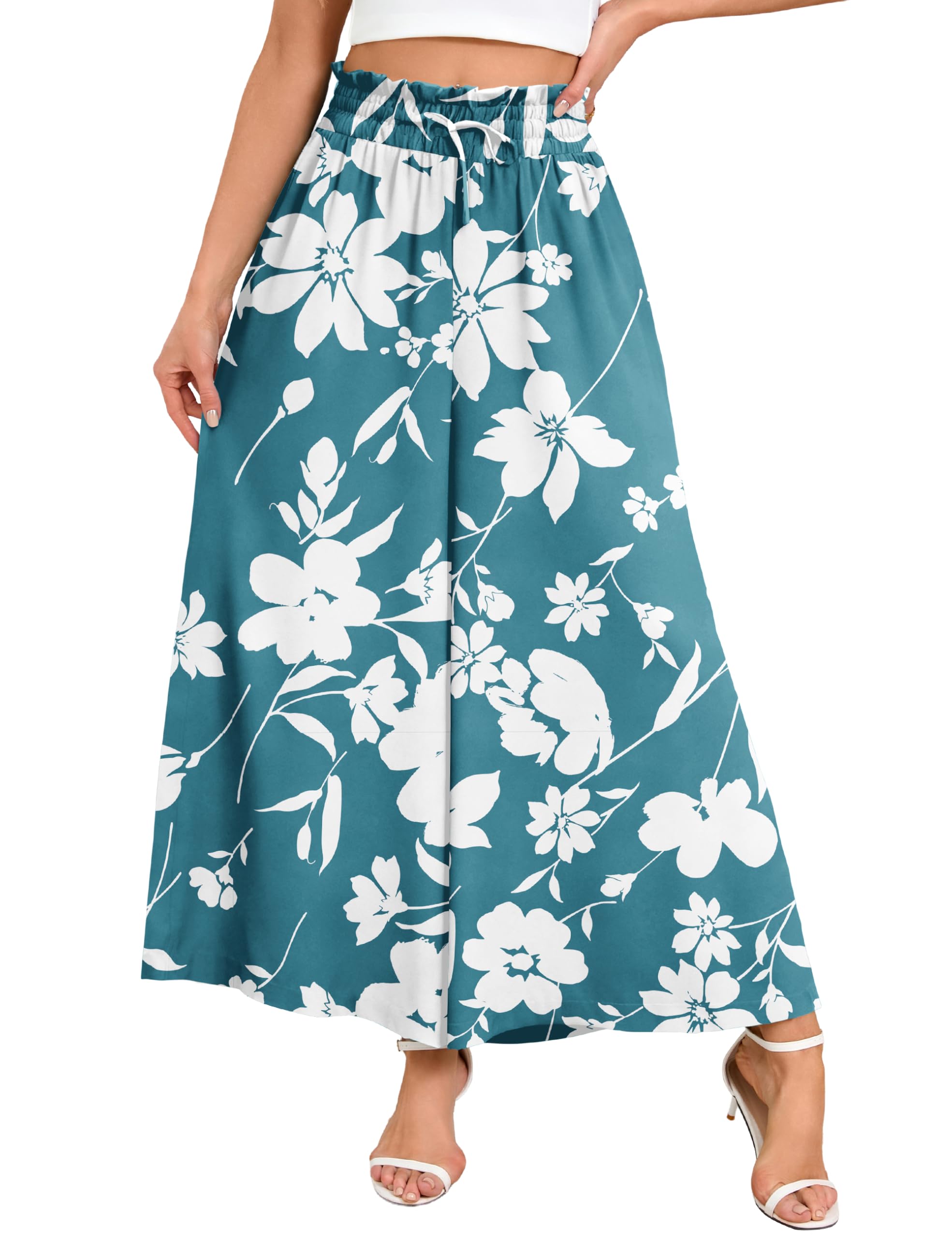 WeciBor Womens Boho Floral Palazzo Wide Leg Pants With Pockets Loose Flowy Casual Beach Vacation Outfits