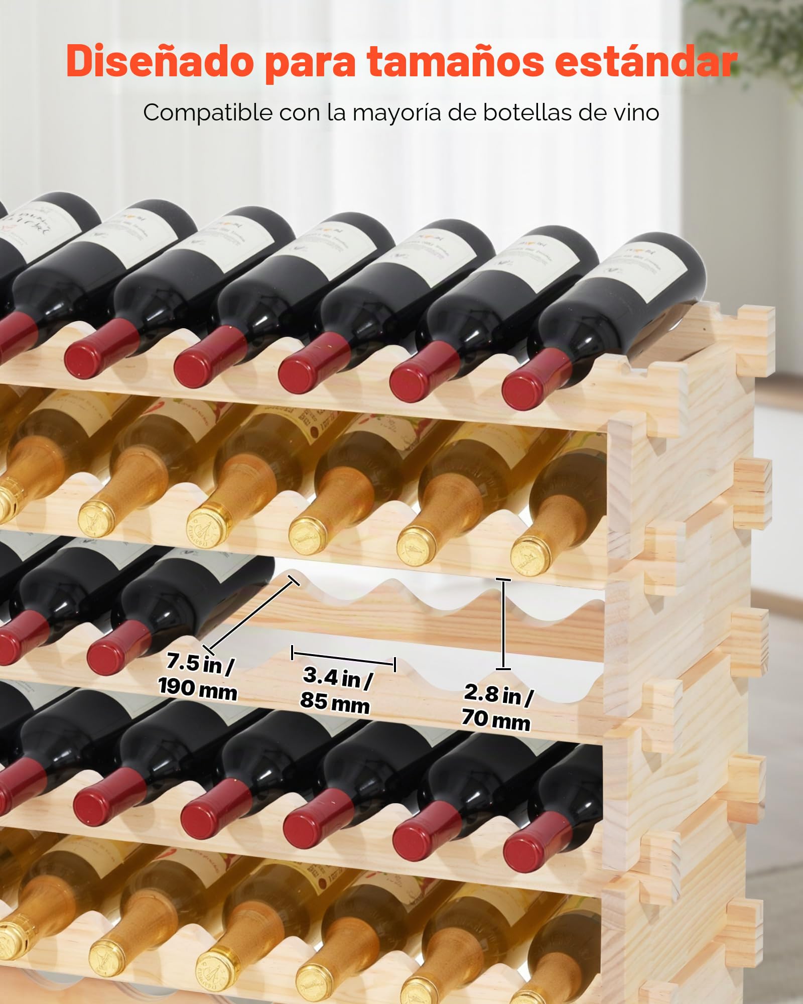 VEVOR Botellero Modular Apilable para 96 ​​Botellas, 8 Niveles, con Capacidad de Carga Total de 112 kg, Estable, Ideal para Cocina, Bodega, Bar y Vinoteca, Madera de Pino, 1130 x 290 x 962 mm