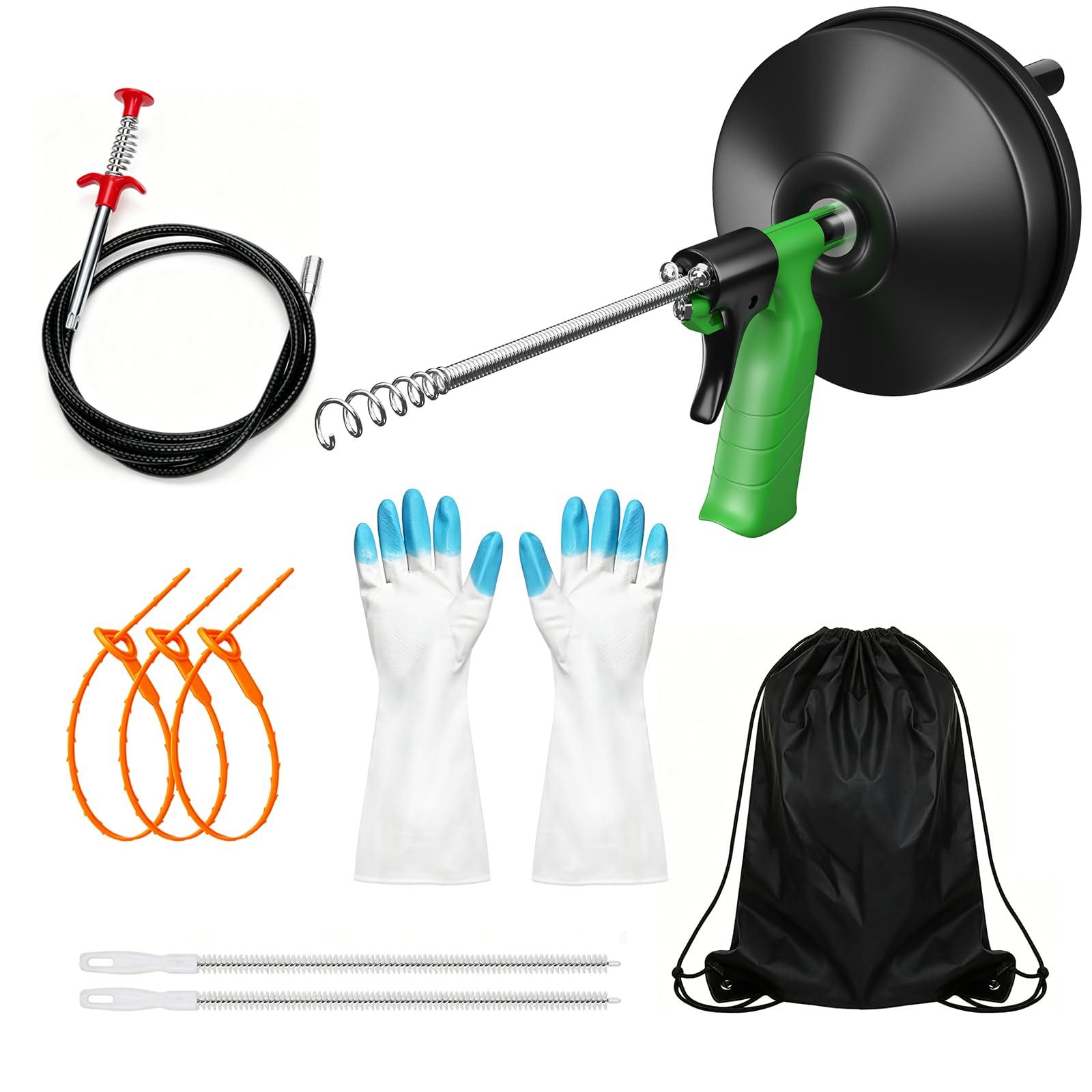 Yomshi Drain Auger 15M with Drill Attachment, Flexible Grabber and Hair Remover, Heavy Duty Pipe Snake Use Manually or Powered for Kitchen Bathroom and Shower Sink, Comes with Gloves, Green
