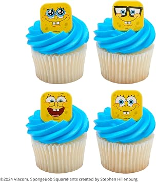 DecoPac SpongeBob SquarePantsTM Mood Faces Rings, SpongeBob Cupcake Decorations Featuring SpongeBob SquarePants, Yellow - 24 Pack