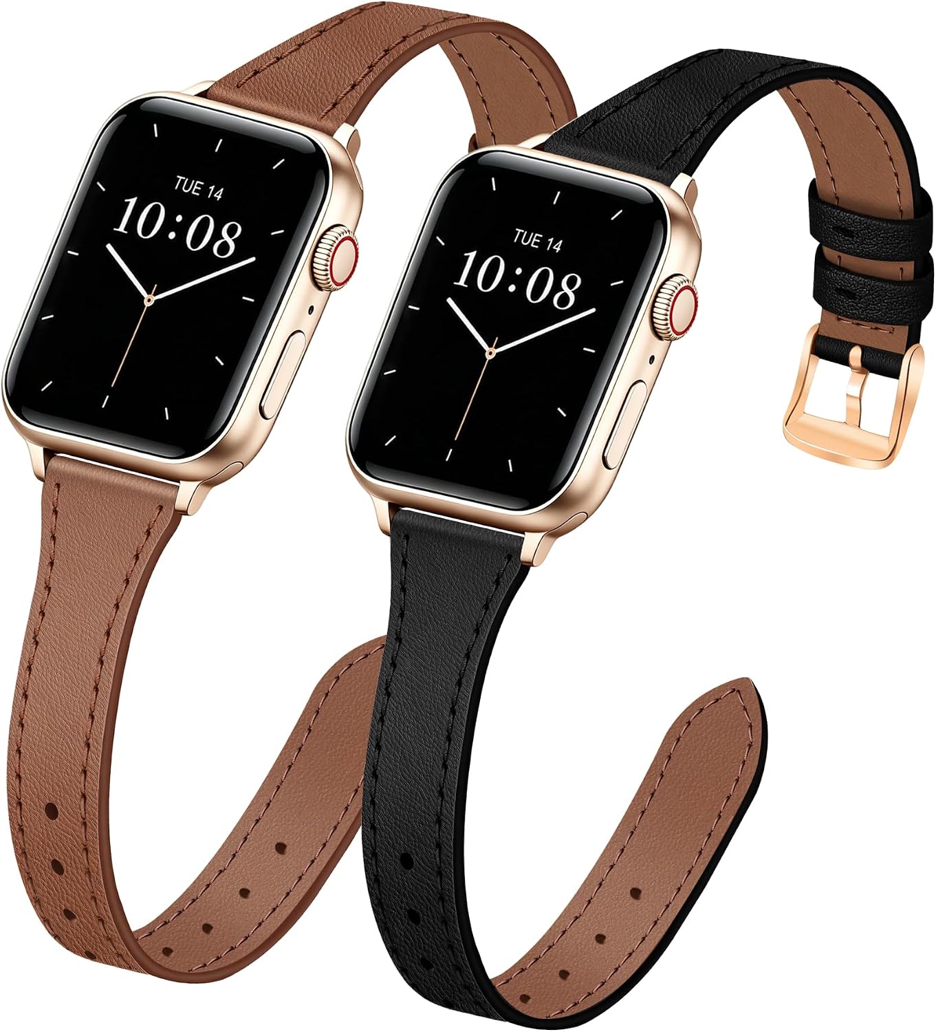 JR.DM 2 Pack Slim Leather Bands for Women Compatible with Apple Watch 40mm 42mm(S10/11) 41mm 38mm, Soft Top Leather Watch Thin Straps Replacement for iWatch Series 11/10/9/8/7/6/5/4/3/2/1/SE