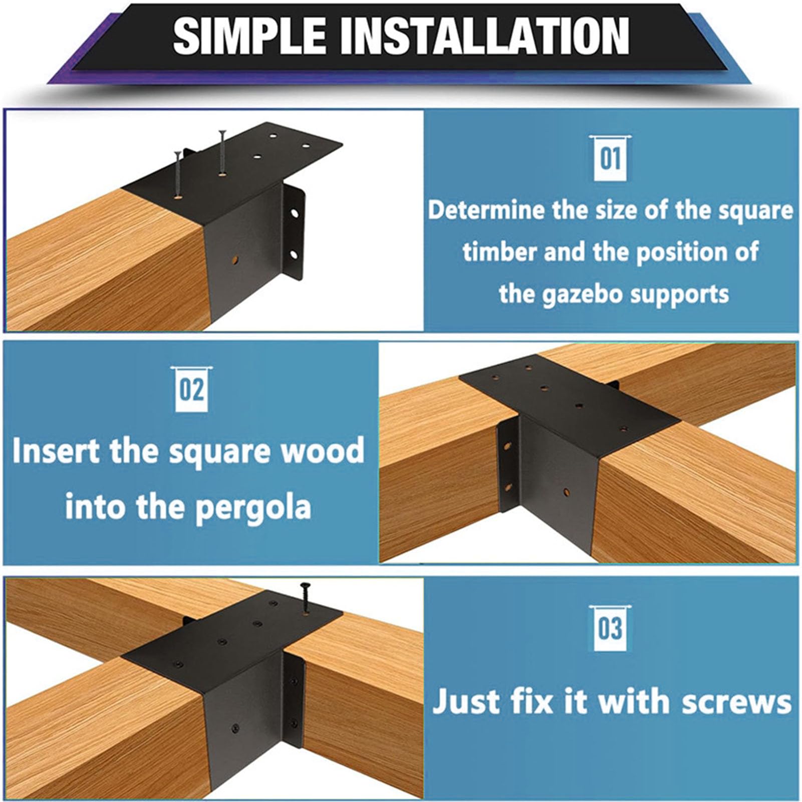 Support de pergola en acier au carbone haute résistance – Support de poteau enduit de poudre noire pour vérandas et cabanes