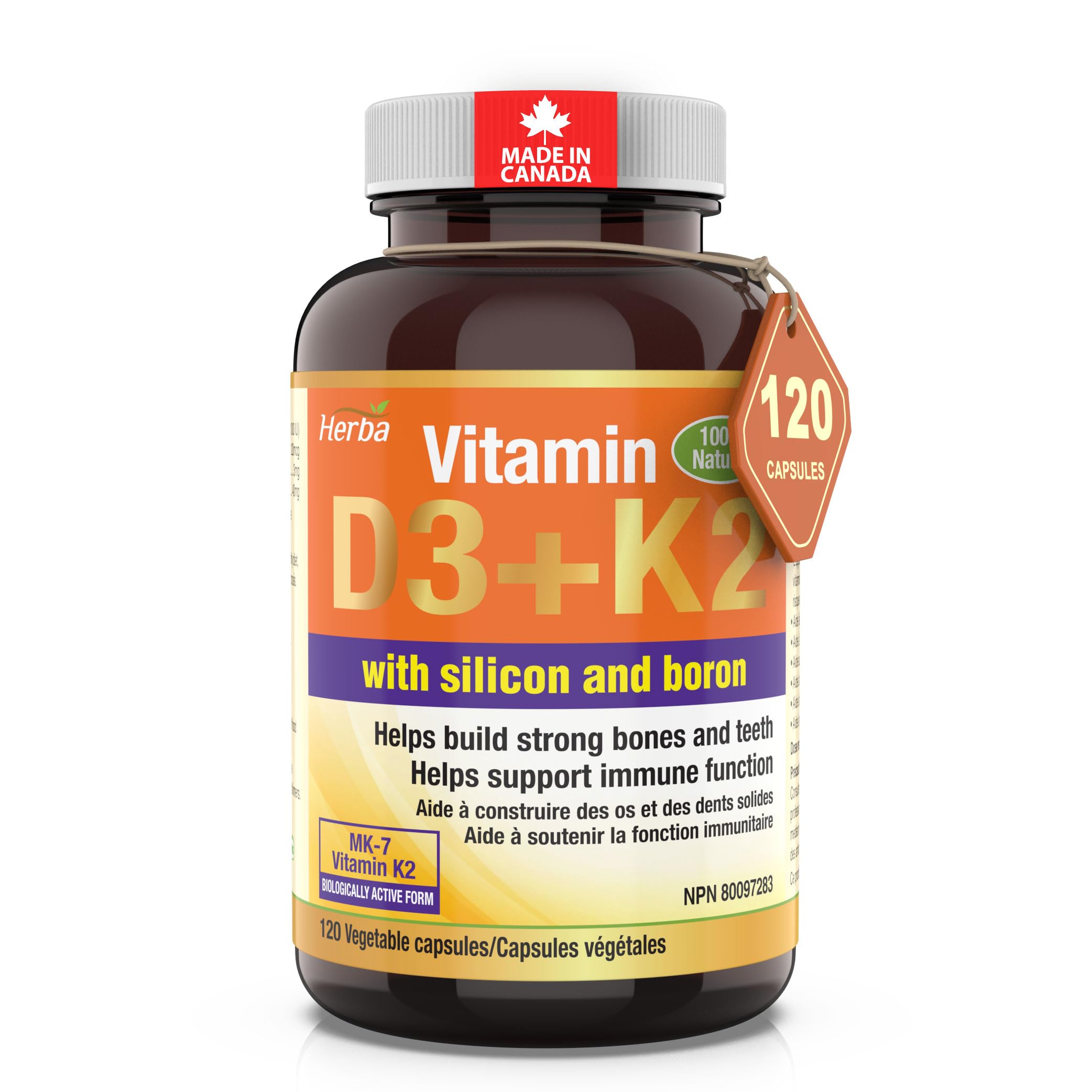 Herba K2 D3 Vitamin Supplement with Boron Citrate and Silica – 120 Capsules | Vitamin D3 K2 with Boron Supplement for Men and Women | Vitamin K2 MK-7 and Vitamin D3 1000 IU | Helps Build Strong Bones and Teeth