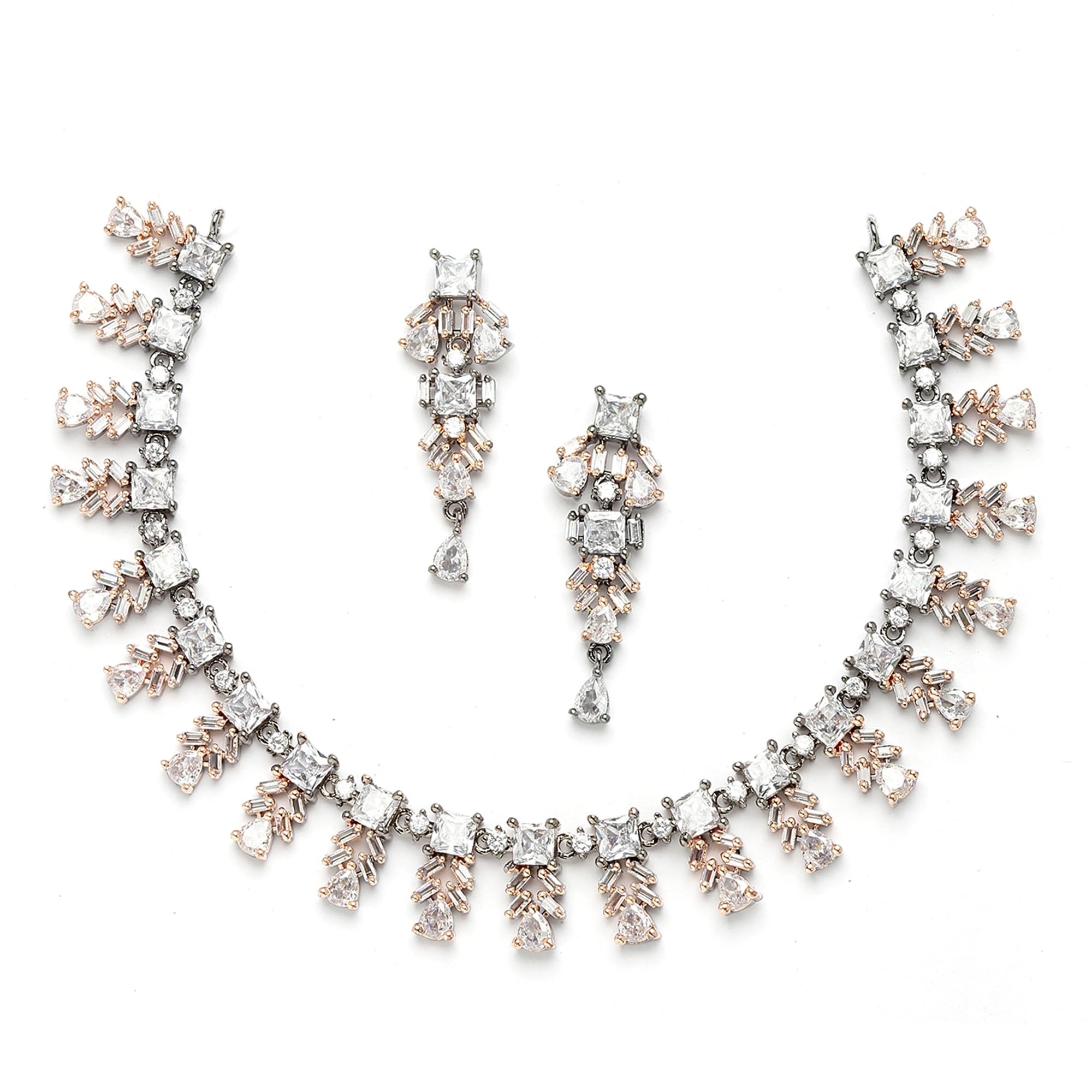 Women Plated Leaf Shaped American Diamond Studded Jewellery Set