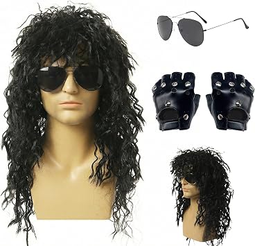 3Pcs Rock Wig Set 70s 80s Disco Hippie Costume Mullet Wig for Men Women Black Long Curly Wigs Disco Rock Star Heavy Metal Punk Gloves Sunglasses for Halloween Carnival Party Black