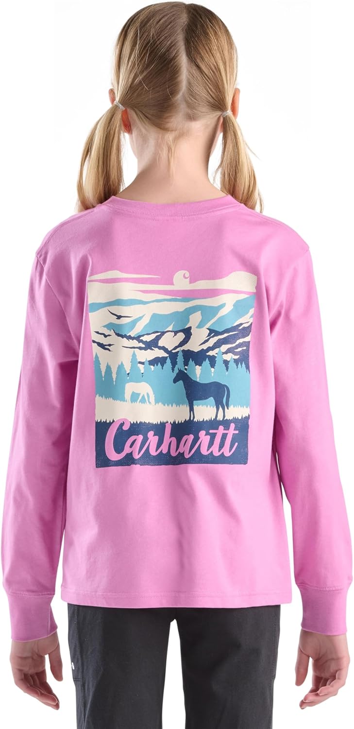 Carhartt Little Girls TK7142 | Horse Mountains Long-Sleeve Pocket Shirt | Crocus | 3 Toddler (3T)