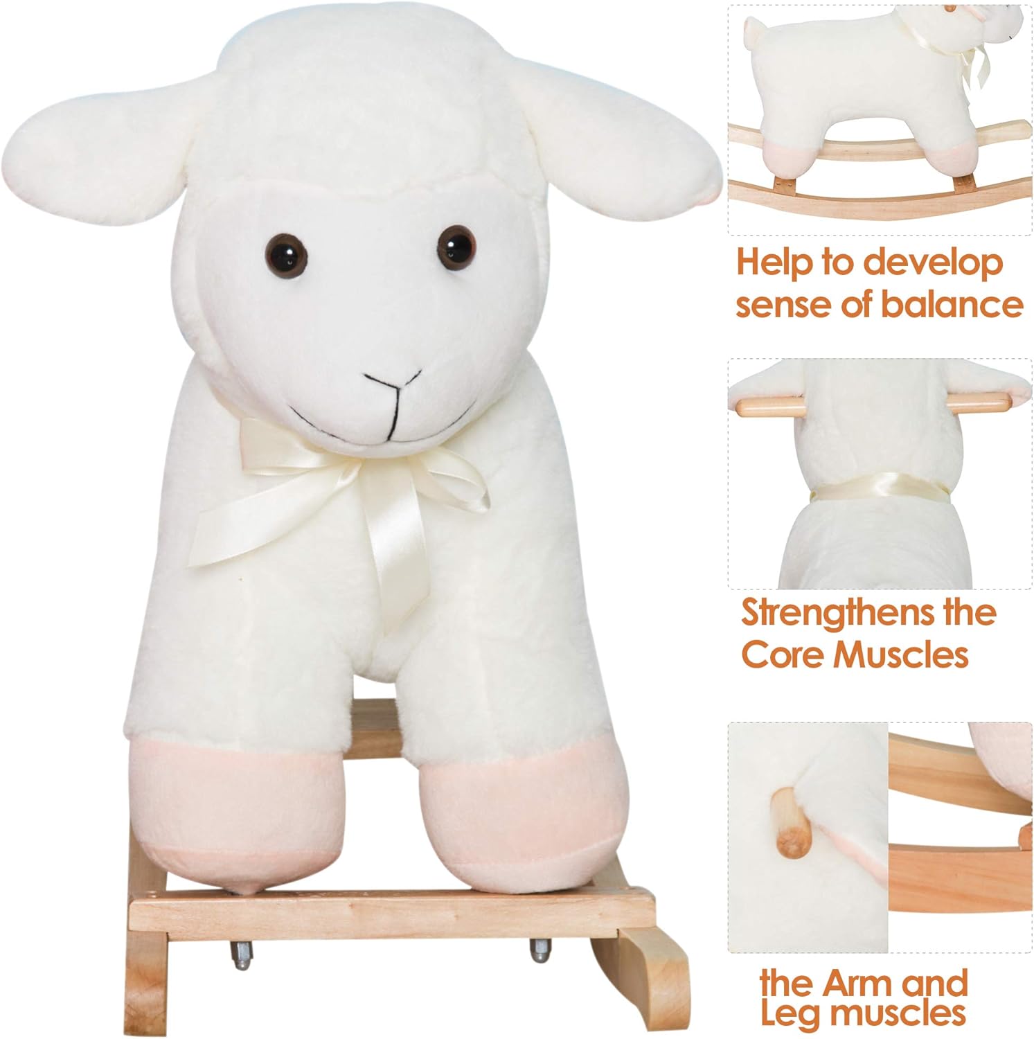 Qaba Lamb Rocking Horse Sheep, Nursery Stuffed Animal Ride On Rocker for Kids, Wooden Plush, White