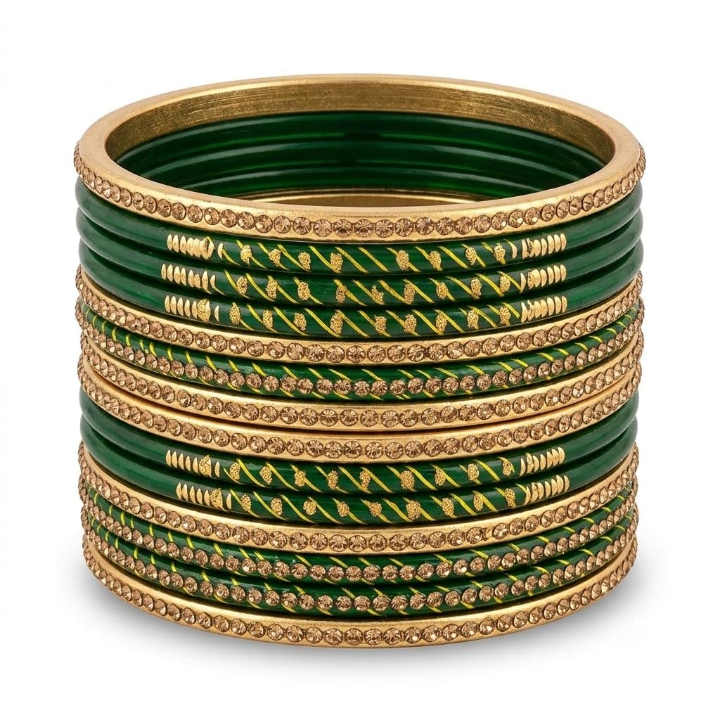 Muzaffarpuri Lac Bangles for Women & Girls | Sawan Special Green Lac Chudi Set (12 Pcs) | Traditional Handcrafted Stone Studded Bangles | Bridal, Wedding, Teej, Karwa Chauth & Festive Use | Green & Gold-picture-16