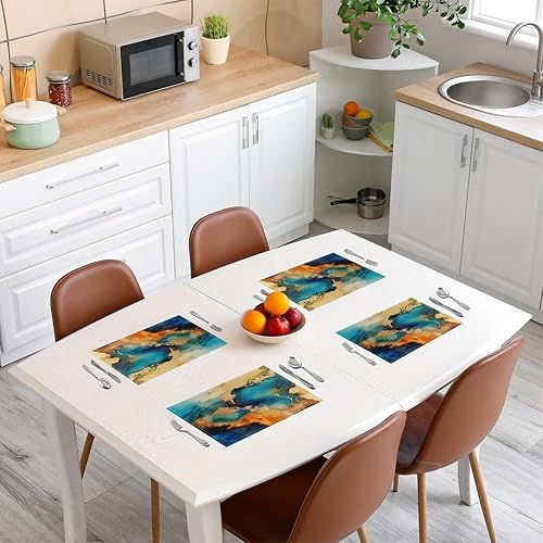 Miniatura 3 de Manteles individuales decorativos de tela lavable con diseño de mármol azul dorado y azul, manteles individuales modernos con diseño estético de