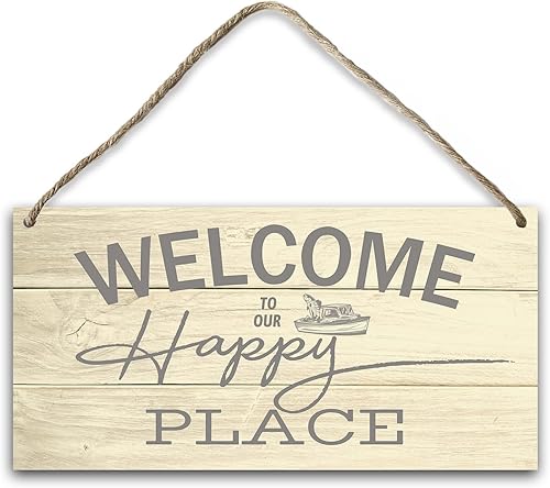Letrero de bienvenida para decoración de pared de puerta delantera, placa colgante de madera, letrero de "Our Happy Place", arte de pared para