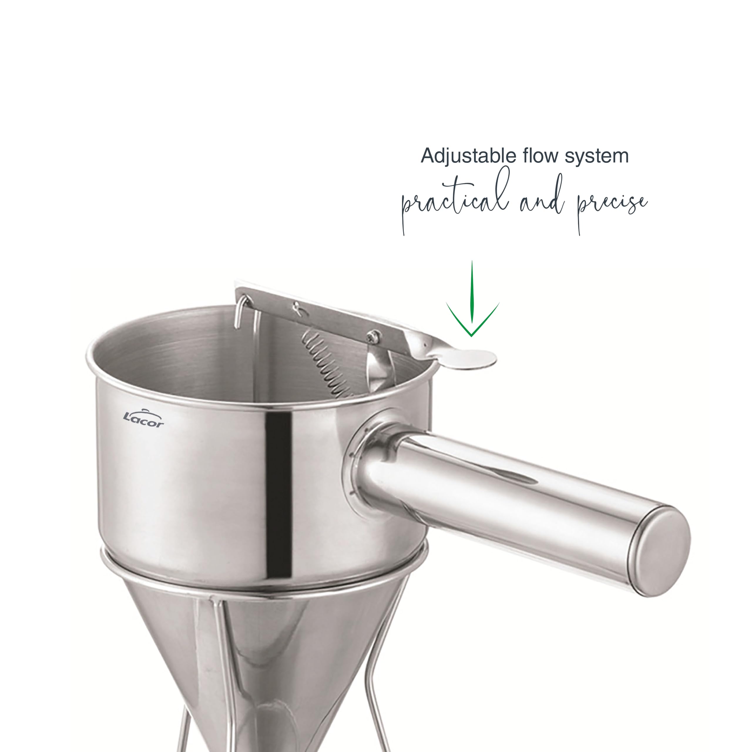 Lacor - 67151 - Dosiertrichter, ideal zum Befüllen oder Dekorieren, Edelstahl 18/10, ergonomischer Griff, 8 mm Auslaufdüse, 1.25 Liter Fassungsvermögen, spülmaschinenfest, inklusive Ständer