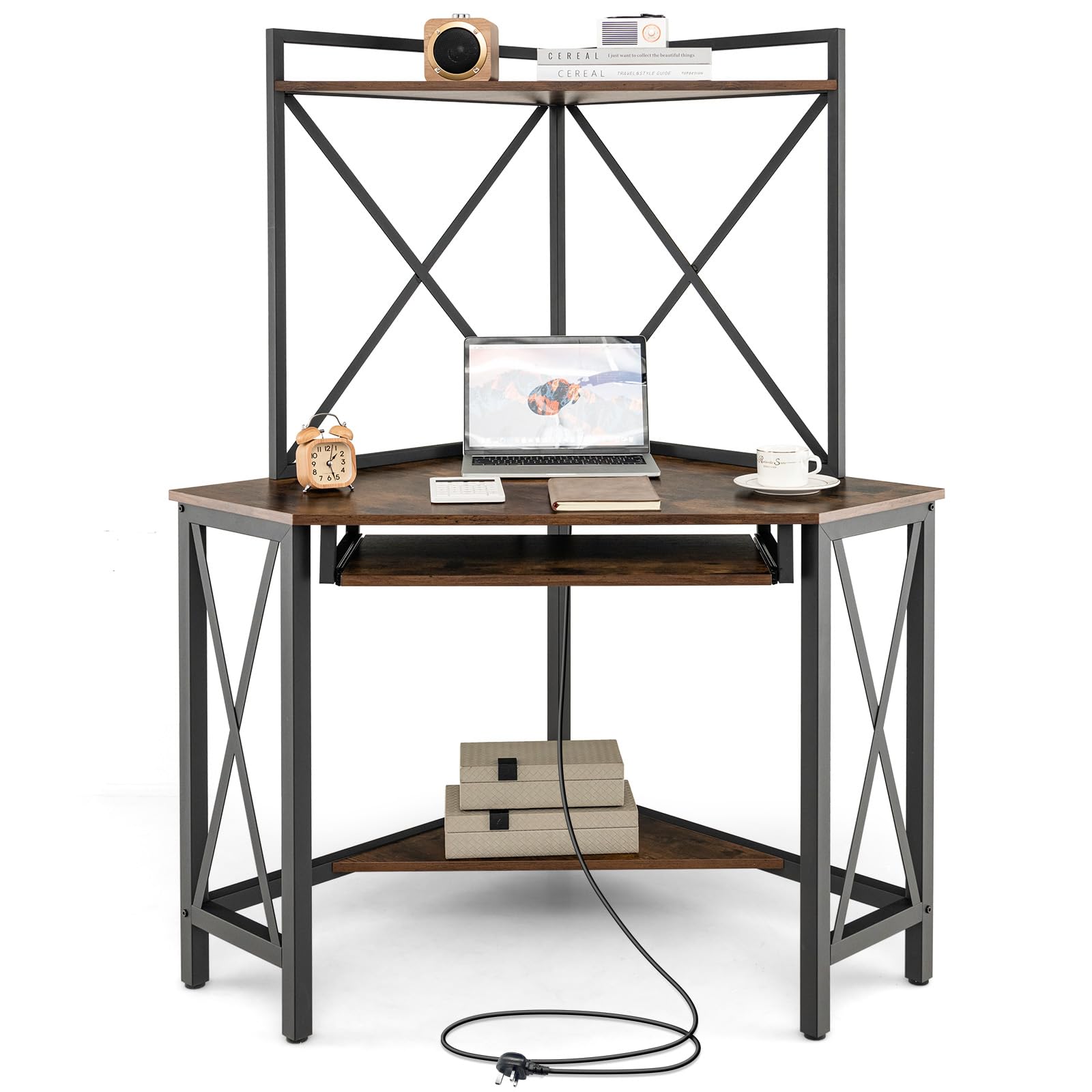 CASART Corner Computer Desk, Triangular Writing Desk with Hutch, Power Outlet & Keyboard Tray, Home Office Workstation Study Desk for Small Space Bedroom Study Living Room (Rustic Brown+Black)
