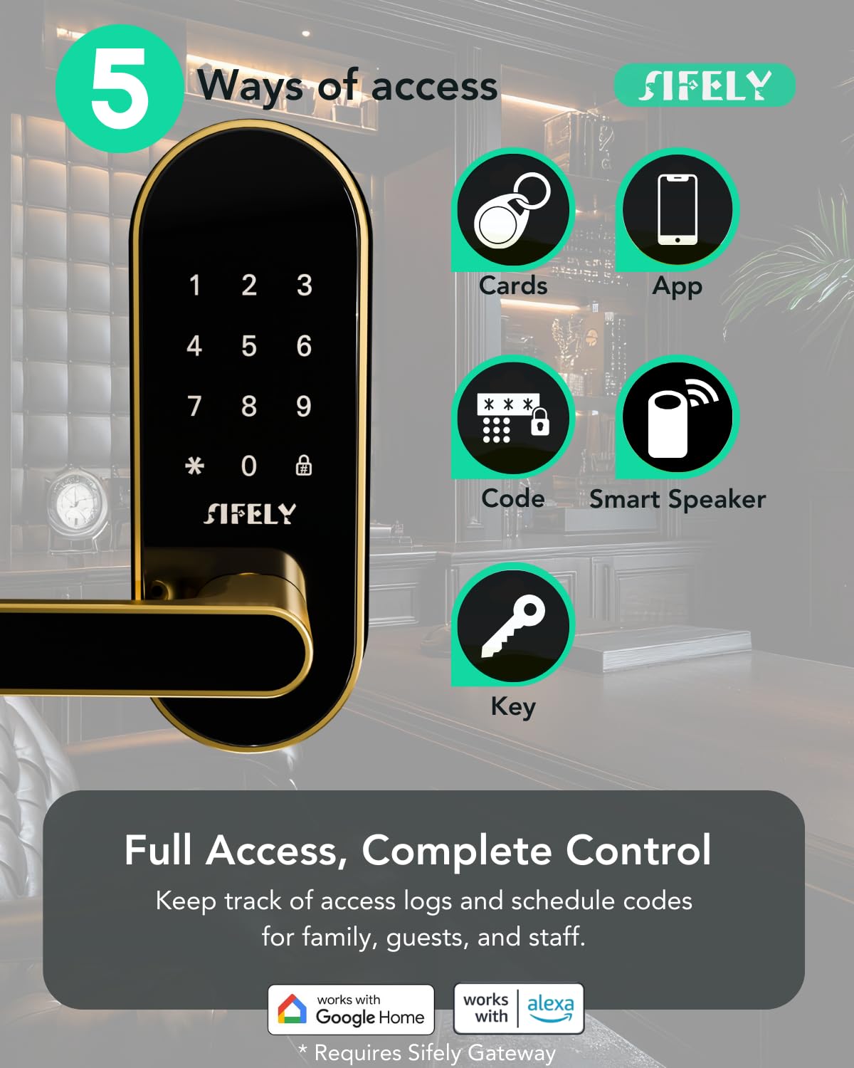Keyless-Entry Keypad Elektronisches Türschloss: digitales intelligentes Schloss mit Code Passcode, elektrischer Türknauf/Griff, perfekt für Eingangstüren, Schlafzimmertüren (Gold, App-Steuerung, ohne