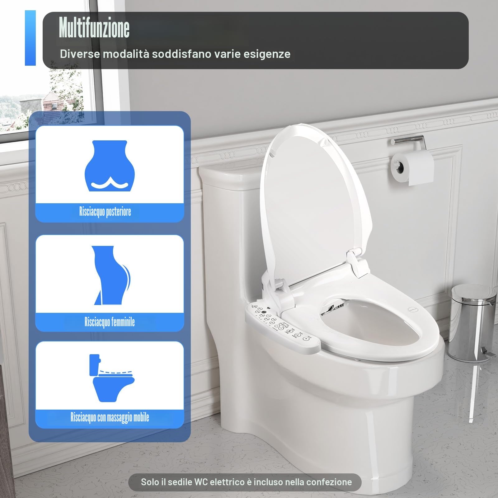 Sedile WC Elettrico Smart WC con Doccia, WC Riscaldato, Pulizia Automatica, Deodorazione Automatica del Getto, Temperatura Regolabile, Massaggio, WC Intelligente