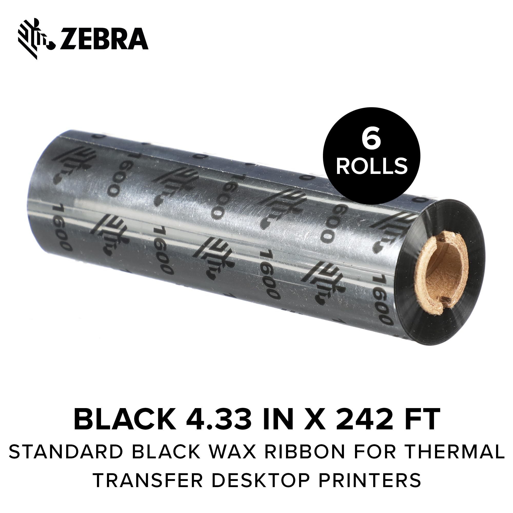 Zebra Standard Black Wax Ribbon for Thermal Transfer Desktop Printers Width 4.33 in Length 242 ft 0.5 in Core Pack of 6 Rolls Compatible with Multiple Models 10031723SP