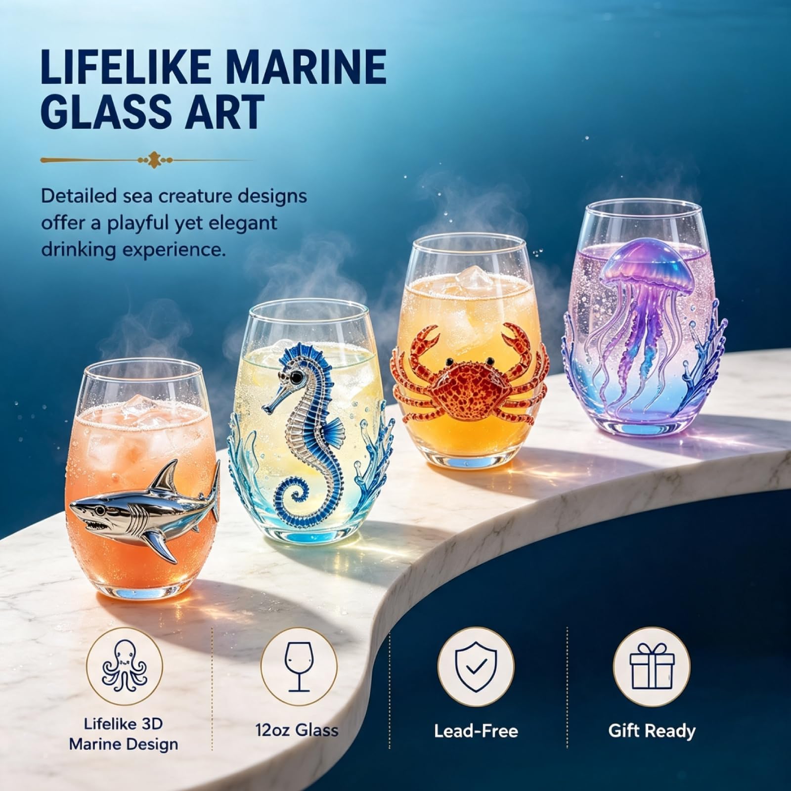 Blaugeringelter Oktopus Glas Set, 3D Ozean Kunst Trinkgläser 8 Stück | Handgefertigte Oktopus Trinkgläser. 3D Ozean Design. Set mit 8 einzigartigen Stücken. Ideal für Ozeanliebhaber als Geschenk.