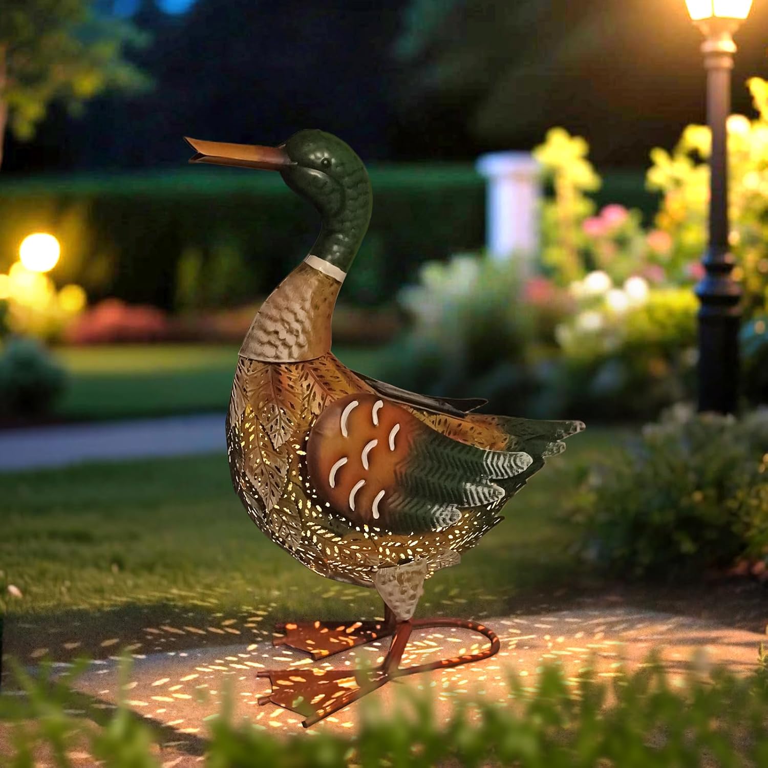 HONGLAND Solar Outdoor Metal Duck Sculpture, 16" Mallard Duck Garden Statue with Lights for Outdoor Patio, Backyard, Lawn, Home Kitchen Decoration