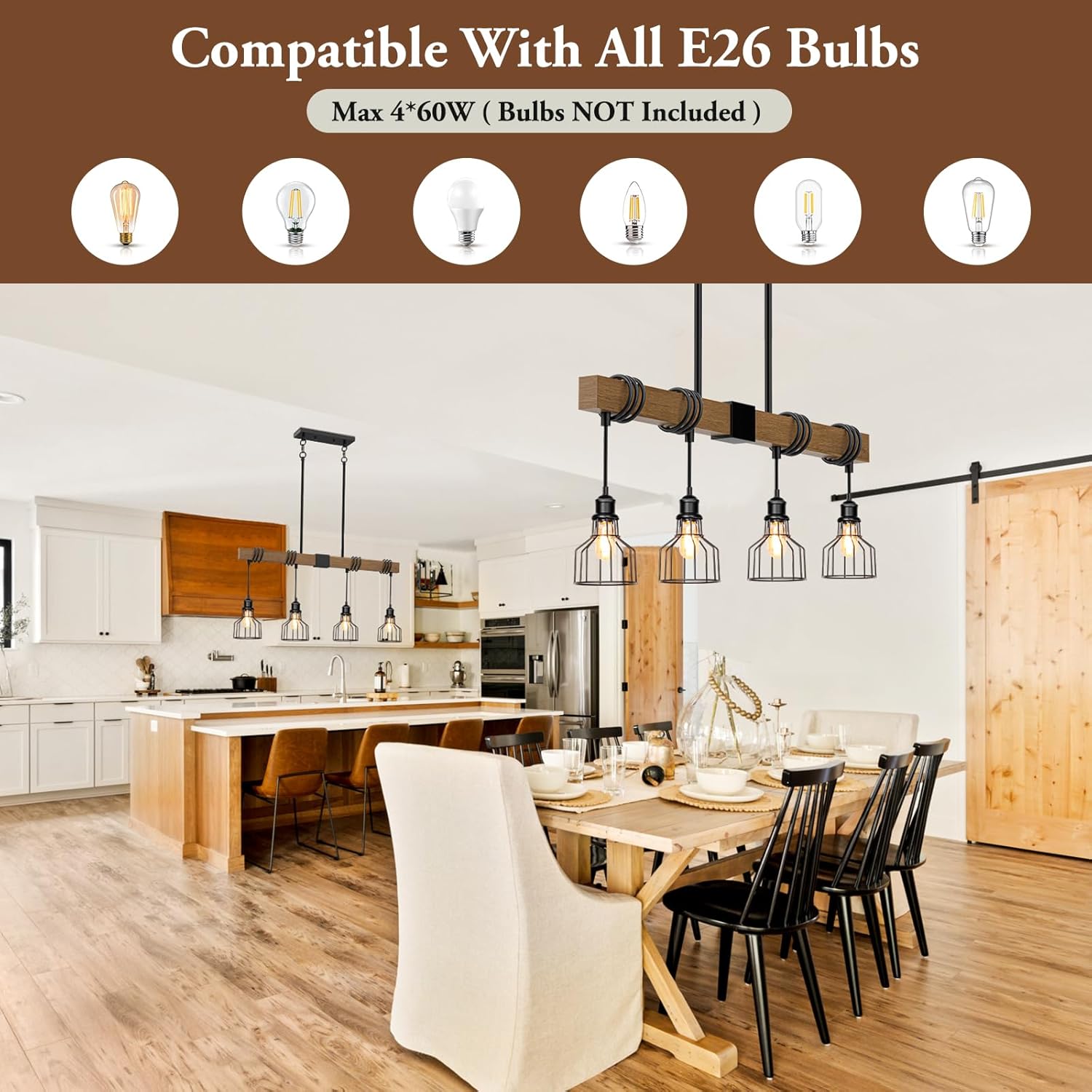 4-Light Kitchen Island Lighting, 63" Adjustable Height Pendant Light Fixtures Black Metal & Rustic Wood Modern Dining Room Chandelier Over Table with E26 Base for Farmhouse Bar