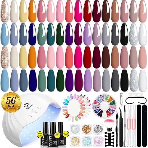 MEFA Kit de 56 esmaltes de uñas de gel con luz UV de 48 W, 32 colores nude, rosa y gris, juego de esmaltes de uñas de gel con base y capa superior