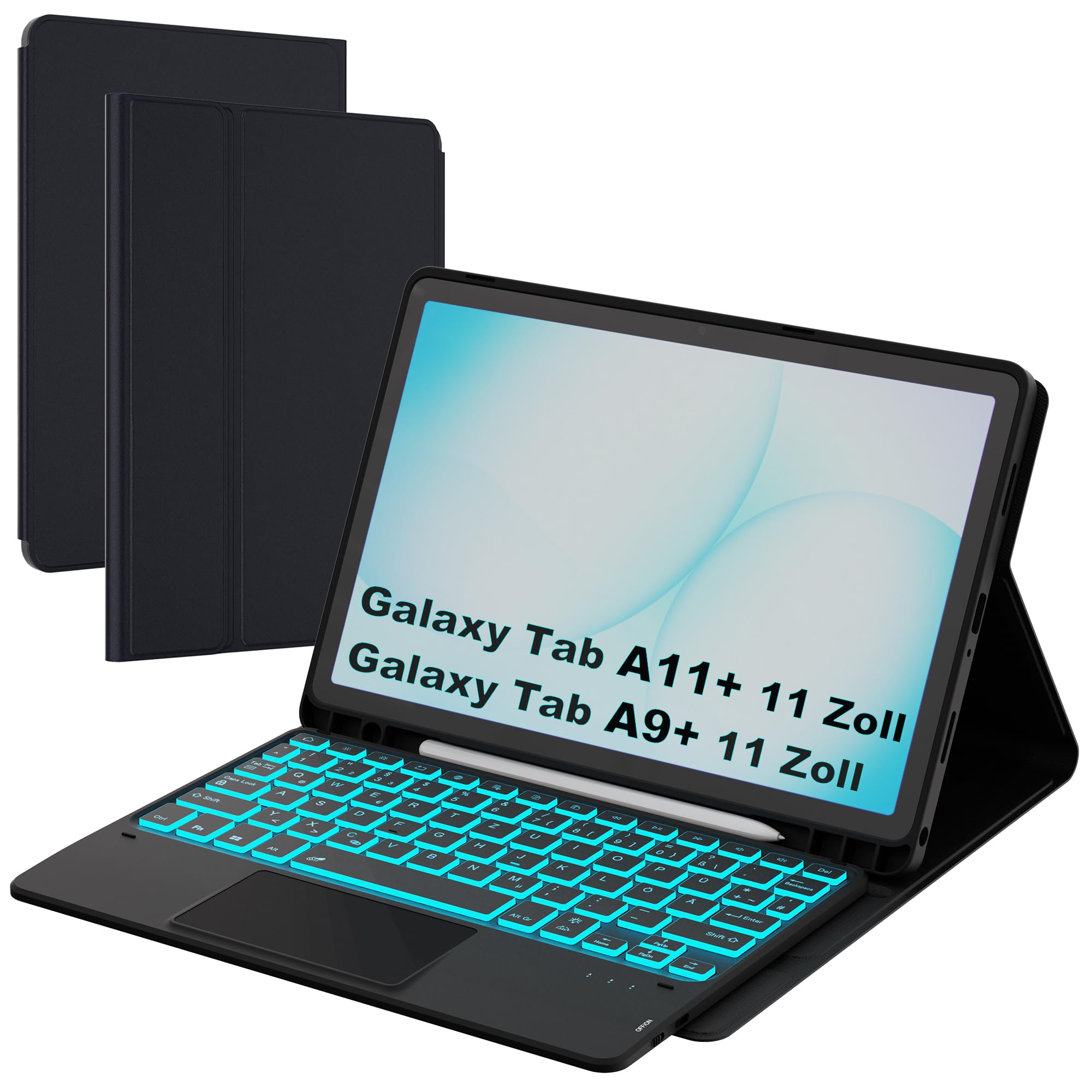 ROOFEI Für Galaxy Tab A11+/A9+ Hülle mit Tastatur Deutsches QWERTZ Layout | 7 Farben Beleuchtung | Magnetische Abnehmbare Trackpad Tablet Cover | Beleuchtete Tastatur für Tab A9 Plus/A11 Plus 11"
