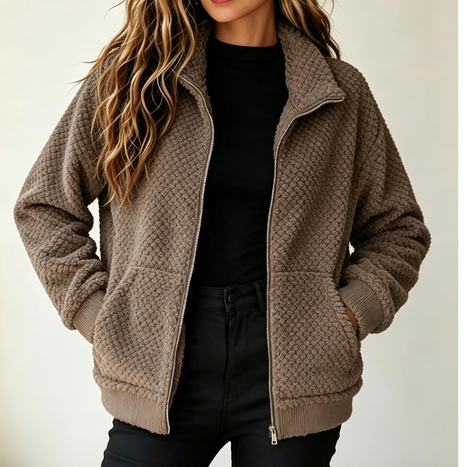 FUPODD Fleecejacke Damen Ohne Kapuze Teddyjacke Flauschig Winterjacke Warm