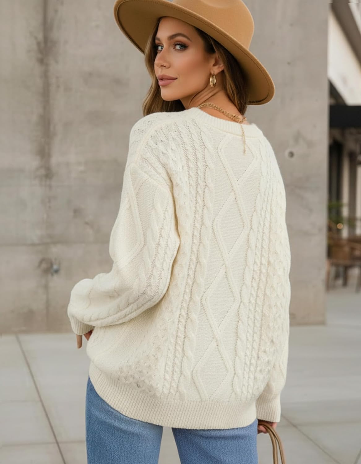 Women Oversized Sweater Cable Knit Chunky Pullover Long Sleeve Crew Neck Outfit Winter Knitwear Loose Fit Casual Top - Image 3