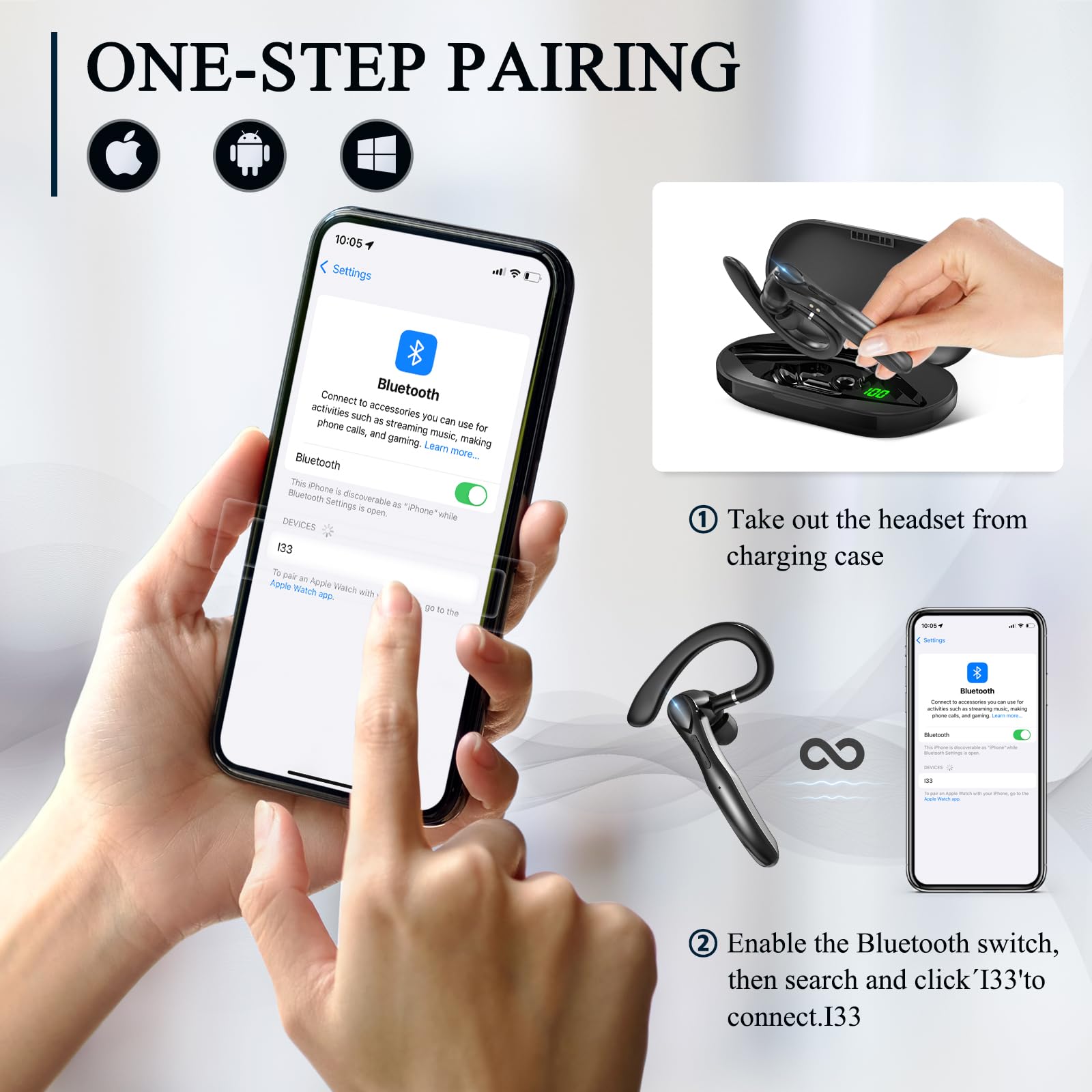 Sisism Bluetooth Headset, Wireless Bluetooth Earpiece with 400mAh Charging Case 50 Hours Talking Time Built-in Microphone for iOS Android Cell Phone, V5.3 Hand-Free Headphones for Trucker, Office — view 2
