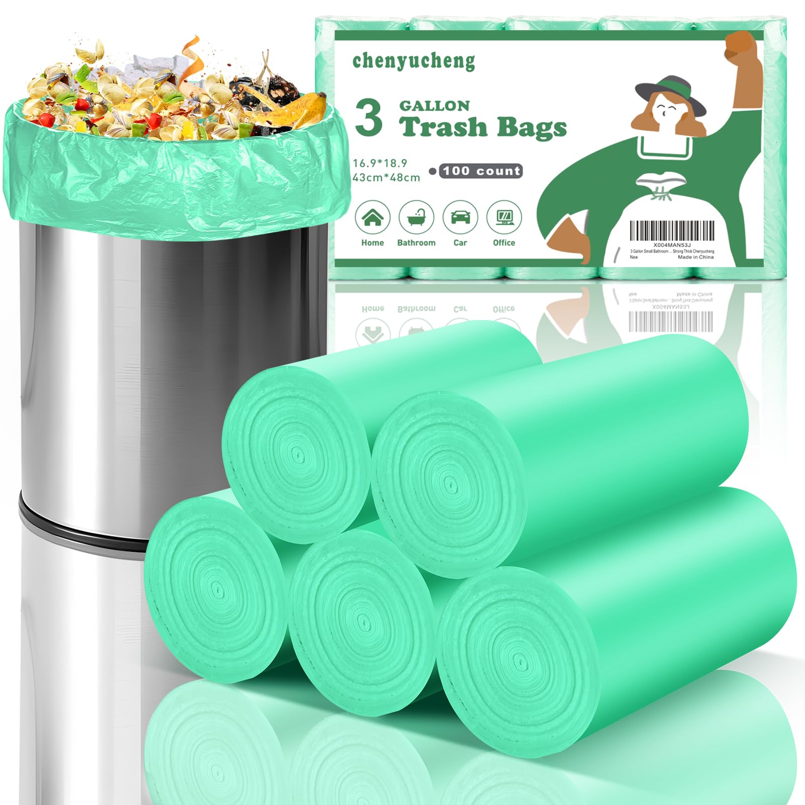 Bolsa de basura pequeña de 3 galones, color verde, mini bolsas de basura biodegradables, para cocina, oficina, coche, sin perfume, 100 unidades, 12 litros, compostables, fuertes y gruesas Chenyucheng