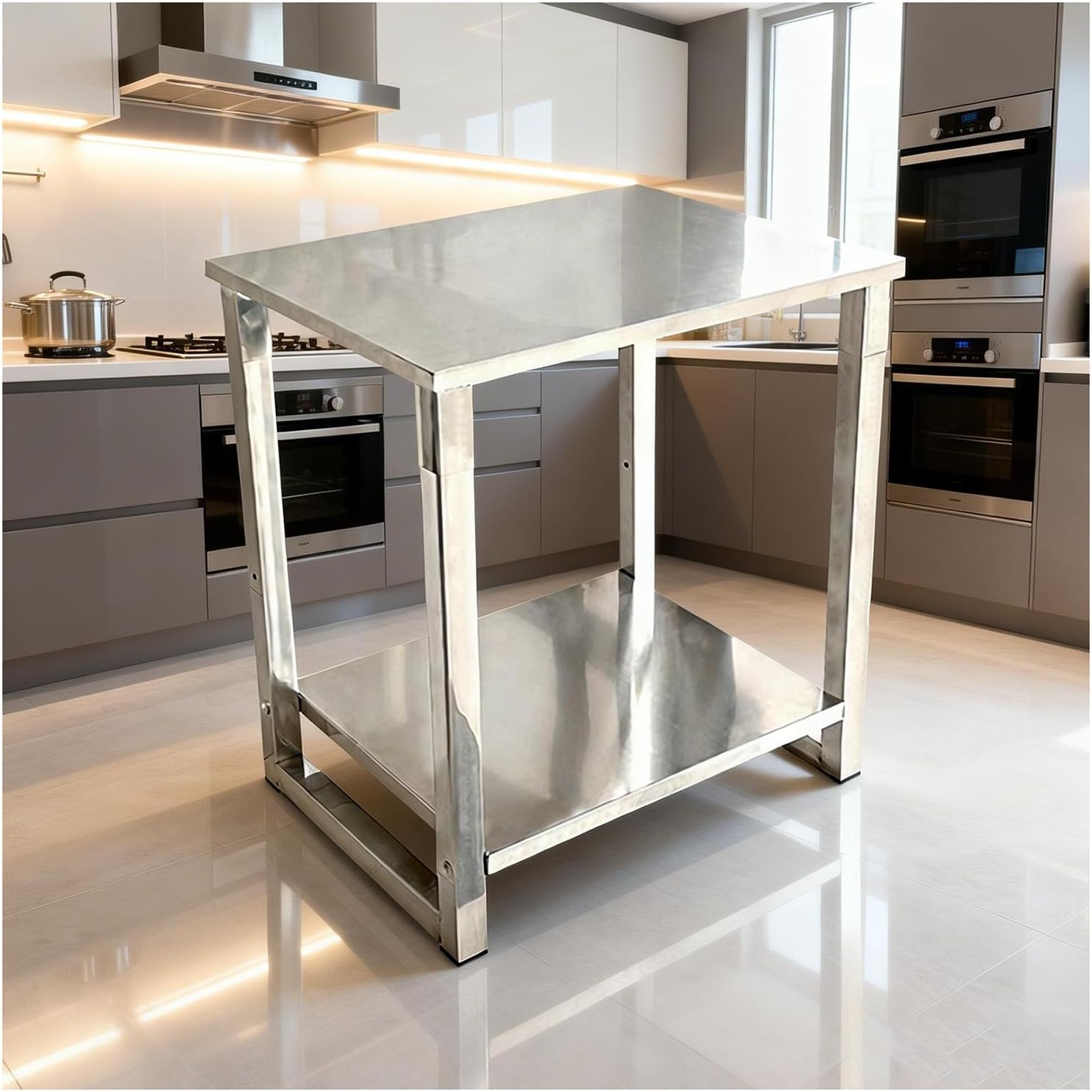 Double-Layer Stainless Steel Workbench Household Open Storage Rack Worktable Non-Slip Foot Pads Easy to Assemble Metal Prep Table Height 70cm(80x45x70cm/31.5x17.7x27.6”)