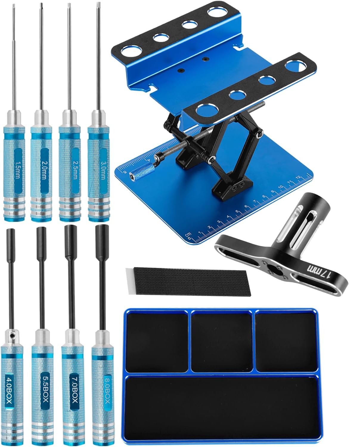 RC Tool Kit w/Height Adjustable Work Stand, 1.5 2.0 2.5 3.0mm Hex, 4.0 5.5 7.0 8.0mm Nut Driver, 17mm Wheel Socket &Screw Tray for 1/10 TRX4 Slash 4X4 BL-2S SCX10 III SENTON L0S1 1/8,Blue